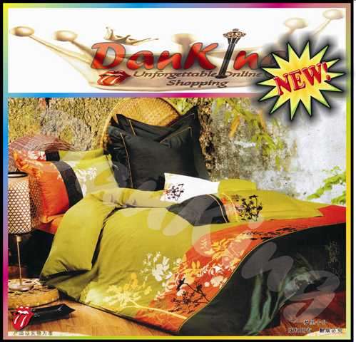 6 Piece Quality Cotton Bed Linen - Queen Size - Olive Green & Orange & Brown Flower Duvet Set
