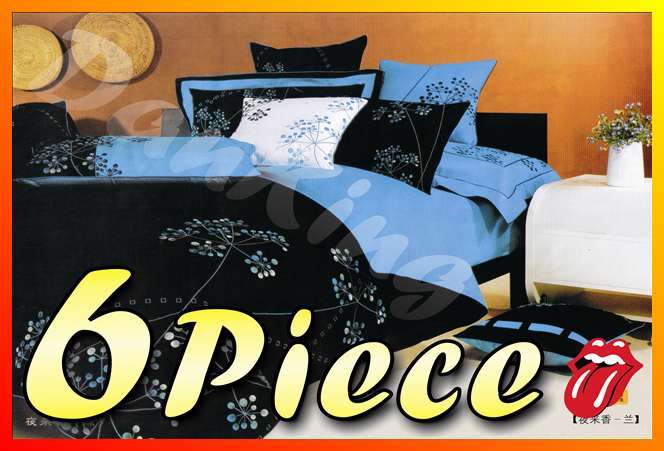 6 Piece Quality Cotton Bed Linen - Queen Size - Black Blue Flower Duvet Set