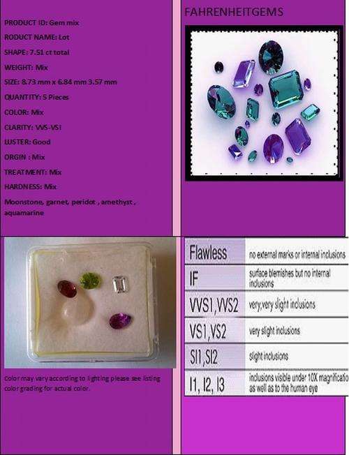 AA grade mixed gem lot 7.51 ct 5 pieces Moonstone,Peridot,Garnet,Amethyst ,Aquamarine