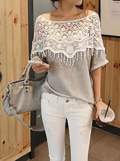 NEW! Beautiful Lace Crochet Cape Collar Bat wing Sleeve Gray T-shirts .  Must bid!