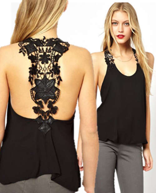 NEW! Beautiful Embroidered Flower Hollow Out Lace Chiffon Sleeveless Blouse  .  Must bid!