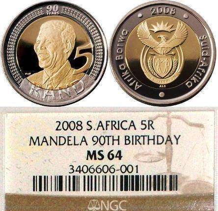 (( NGC MS64 GRADE * MANDELA BIRTHDAY * 2008 R5 GRADED COIN ))