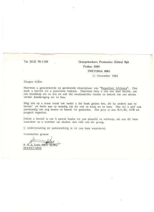 REPUBLIEK AFRIKANA, 'N TUISTE VIR DIE AFRIKANER, BEPERK TOT 300 GENOMMERDE EN GETEKENDE EKSEMPLARE