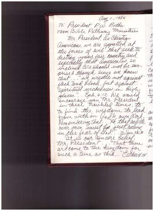 BIBLE PATHWAY - P.W BOTHA STATE PRESIDENT REPUBLIC OF SOUTH AFRICA, PRESENTED TO P BOTHA WITH LETTER