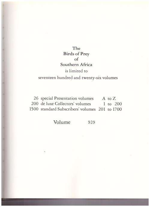 BIRDS OF PREY OF SOUTHERN AFRICA LIMITED COPIES