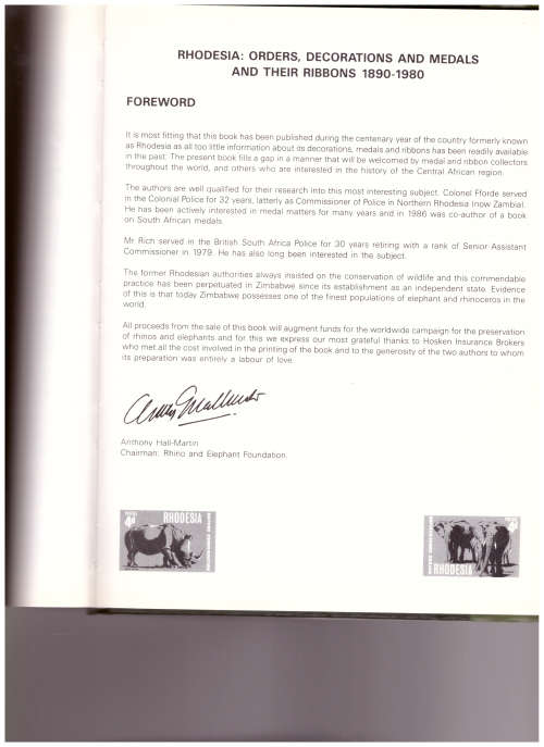 RHODESIA: ORDERS, DECORATIONS AND MEDALS by JPI FFORDE and A.W. RICH 1890-1980