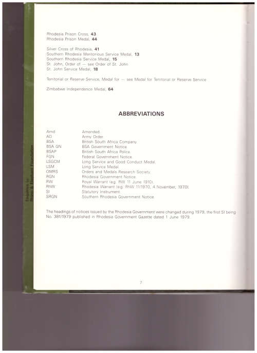 RHODESIA: ORDERS, DECORATIONS AND MEDALS by JPI FFORDE and A.W. RICH 1890-1980
