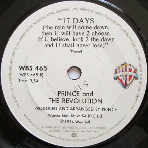PRINCE - WHEN DOVES CRY / 17 DAYS (7 SINGLE/VINYL)