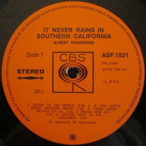 ALBERT HAMMOND - IT NEVER RAINS IN SOUTHERN CALIFORNIA (LP/VINYL)