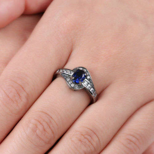 Oval Blue sapphire Ring 14K White Gold Filled Wedding Engagement [Size 7] [2 AVAILABLE]