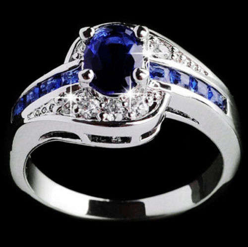 Oval Blue sapphire Ring 14K White Gold Filled Wedding Engagement [Size 7] [2 AVAILABLE]