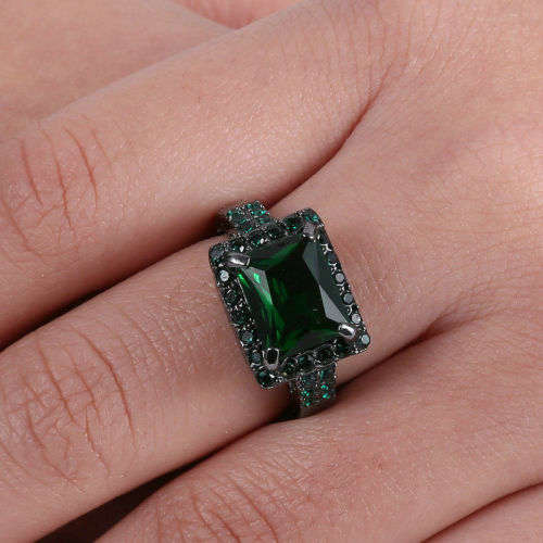 Black Emerald zircon Rhodium plated Ring [Size 6]
