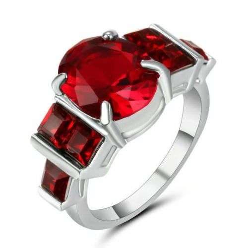 White Plated Ruby Stone Wedding Cluster Cocktail Ring [Size 8]