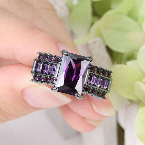 Princess Cut Amethyst Rhodium Wedding Ring Women [Size 8]