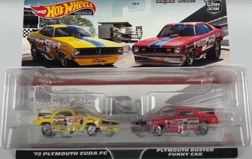 HOT WHEELS PREMIUM TWIN PACK 1972 PLYMOUTH CUDA FC AND PLYMOUTH DUSTER FUNNY CAR