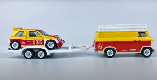 HOT WHEELS PREMIUM `TEAM TRANSPORTER` MG METRO 6R4 WITH HW RALLY HAULER