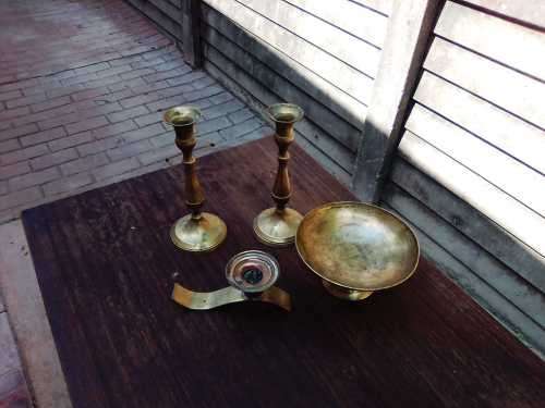 2 x Brass Long Candel Holder 19cm H - 8cm B) 1 x Brass Small Candel Holder 6cm H 14cm B)1 x Ashtray