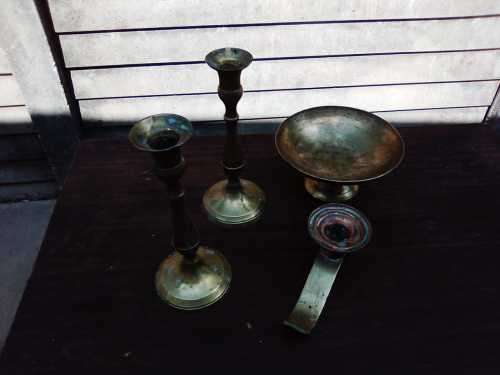 2 x Brass Long Candel Holder 19cm H - 8cm B) 1 x Brass Small Candel Holder 6cm H 14cm B)1 x Ashtray