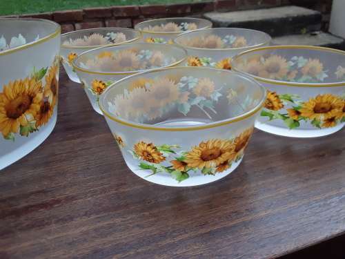 Vintage Set of 7 Kig Brilliant Frosted Glass Sunflower Dessert/Salad Bowls, Indonesian - Amazing