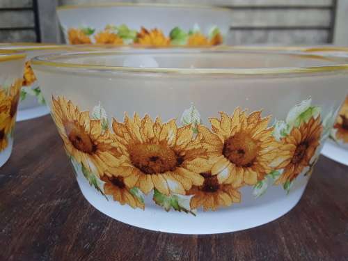 Vintage Set of 7 Kig Brilliant Frosted Glass Sunflower Dessert/Salad Bowls, Indonesian - Amazing