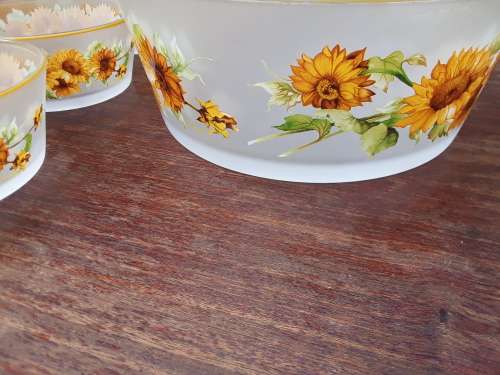 Vintage Set of 7 Kig Brilliant Frosted Glass Sunflower Dessert/Salad Bowls, Indonesian - Amazing