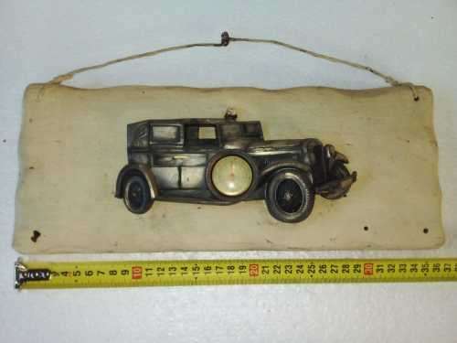 VINTAGE 1930 LANCIA DILAMBDA FANCY AUTOMOBIL CAR THERMOMETER MADE FROM PEWTER HANGING ON WOODEN BOAR