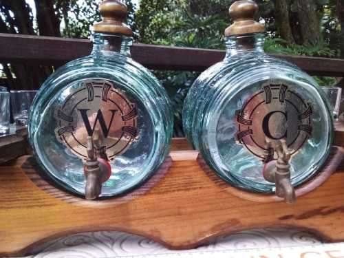 Beautiful Vintage Green Glass Keg barrels with Oak Wood stand and 6 shot glasses Brass Spout