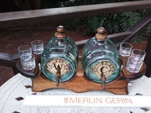 Beautiful Vintage Green Glass Keg barrels with Oak Wood stand and 6 shot glasses Brass Spout