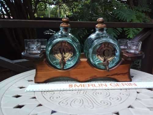 Beautiful Vintage Green Glass Keg barrels with Oak Wood stand and 6 shot glasses Brass Spout