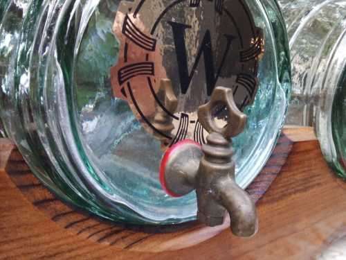 Beautiful Vintage Green Glass Keg barrels with Oak Wood stand and 6 shot glasses Brass Spout