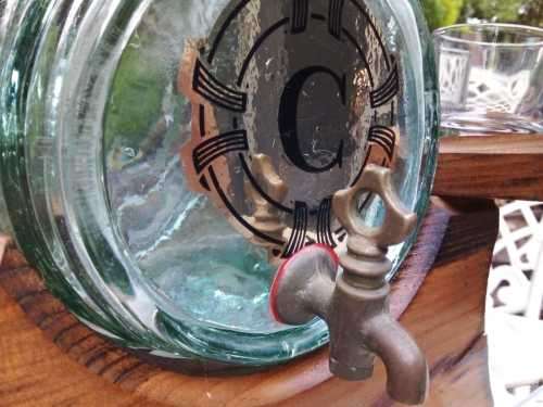 Beautiful Vintage Green Glass Keg barrels with Oak Wood stand and 6 shot glasses Brass Spout