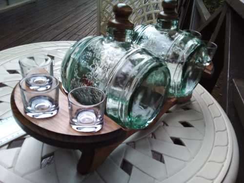 Beautiful Vintage Green Glass Keg barrels with Oak Wood stand and 6 shot glasses Brass Spout
