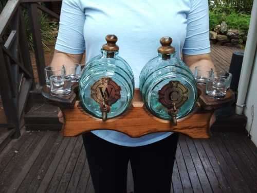 Beautiful Vintage Green Glass Keg barrels with Oak Wood stand and 6 shot glasses Brass Spout
