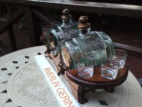 Beautiful Vintage Green Glass Keg barrels with Oak Wood stand and 6 shot glasses Brass Spout
