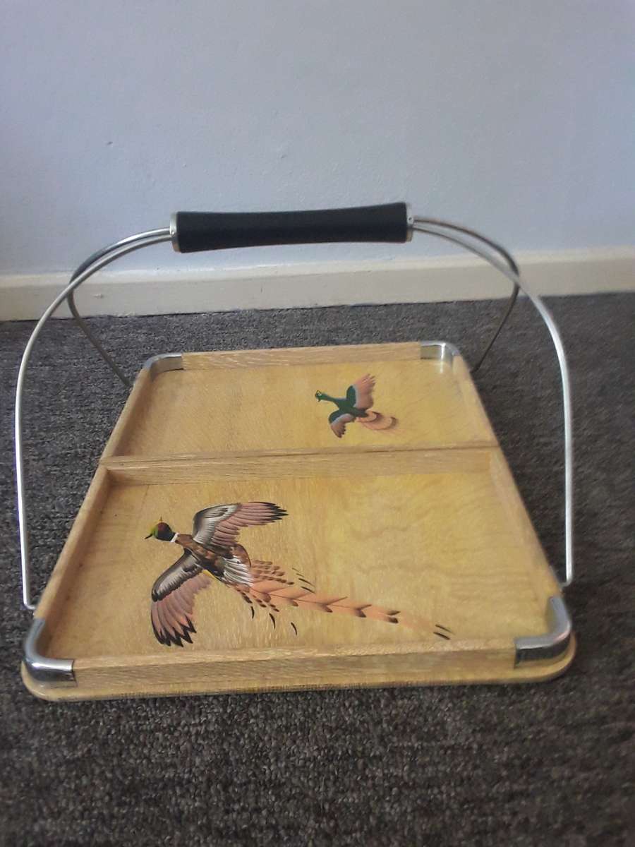 Vintage Japanese Hand Painted Wooden Serving Fold up Tray made fromm Bamboo - AMAZING