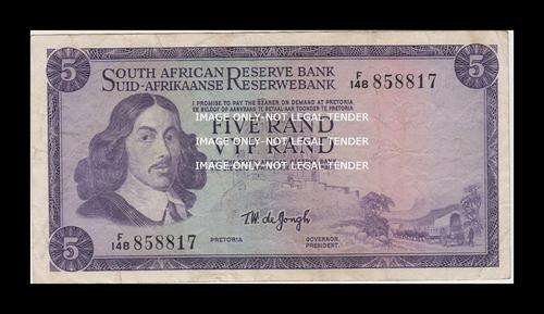 1967 TW DE JONGH 1ST ISSUE R5 NOTE ENG AFR - F148 FINE