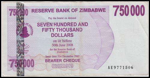 RESERVE BANK OF ZIMBABWE 750 THOUSAND DOLLARS AE - VF