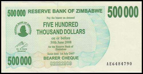 RESERVE BANK OF ZIMBABWE 500 THOUSAND DOLLARS - XF