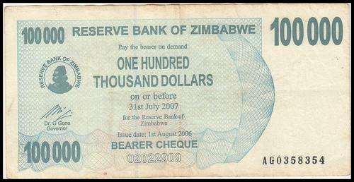 RESERVE BANK OF ZIMBABWE 100 THOUSAND DOLLARS FINE CONDITION