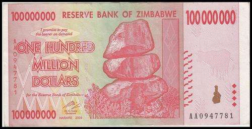 RESERVE BANK OF ZIMBABWE 100 MILLION DOLLARS - AA