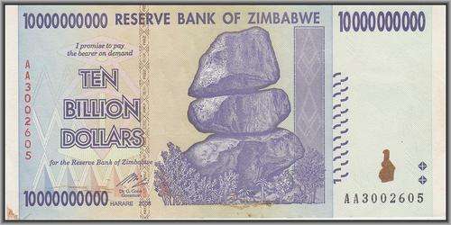 RESERVE BANK OF ZIMBABWE 10 BILLION DOLLARS AA  VF+