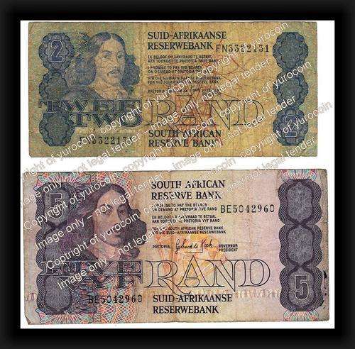 SET OF 2 X SOUTH AFRICAN BANK NOTES R2 + R5  FINE CONDITION