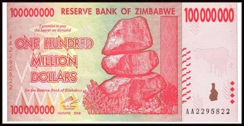 ZIMBABWE 100 MILLION DOLLARS   AA  AU CONDITION