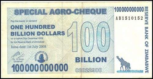 ZIMBABWE SPECIAL AGRO CHEQUE 100 BILLION DOLLARS  VF