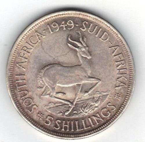 UNION OF SOUTH AFRICA SILVER 5 SHILLINGS  1949