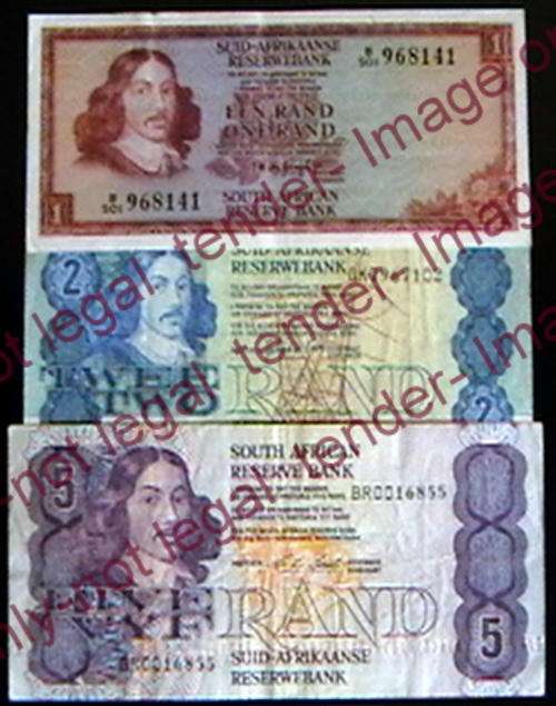RSA SET OF 3 BANKNOTES -R1 TW DE JONGH R2 GPC DE KOCK R5 CL STALS