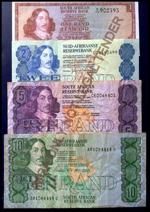 RSA 4 X OLD BANKNOTES R1/R2 /R5/ R10 - 3 DIFF.GOVNRS - VF CONDITION