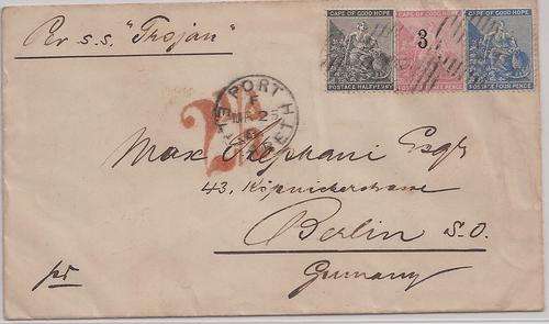 Cape of Good Hope 1881 3 color combination cover from Port Elizabeth to Germany, superb