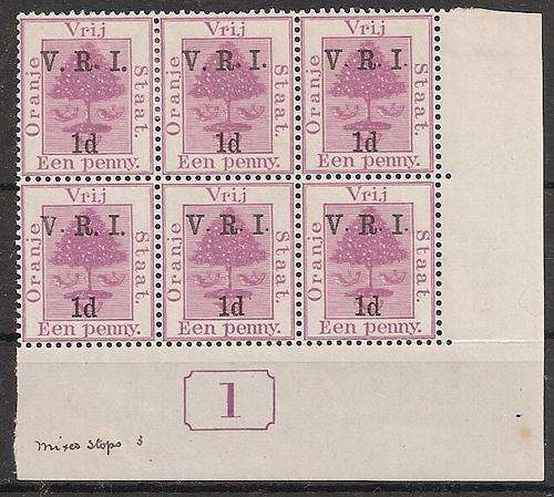 Orange Free State 1900 VRI 1d on 1d mixed stops plate block of 6 very fine used