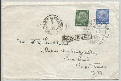 South Africa 1937 incoming cover with German Reich stamps tied to cover with Shipspost cancellation